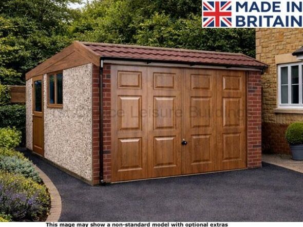 Lidget Deco Deluxe Mansard pent concrete garage which includes free assembly. Image shown may include non-standard options A Deco Deluxe Mansard concrete garage with white doors and a red roof. The garage has a small window.