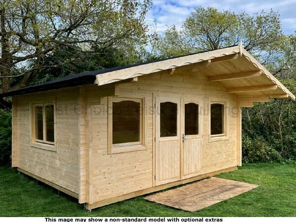 Hungerford Apex Cabin 1 A wooden garden log cabin with a black roof and wooden doors.