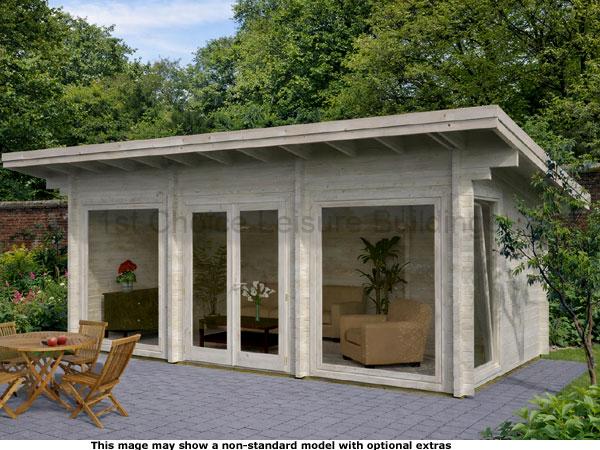 Ascot Pent Cabin 1 A garden room - log cabin with glass doors and patio furniture. A modern outdoor living space.