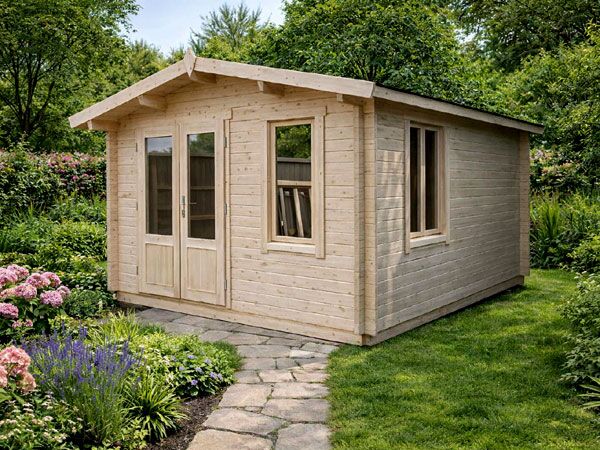 A wooden log cabin with double doors and windows. Optional installation available.