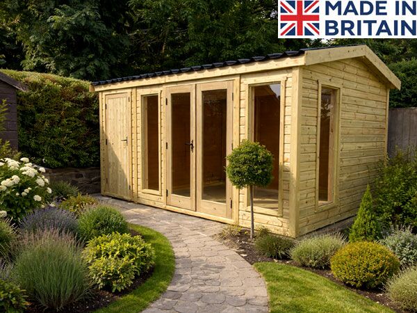 Wooden garden gym shed with double doors and windows, light brown finish and black roof, ideal for garden gym or recreation. Image shown may include non-standard options A bespoke wooden garden gym shed with double doors and windows. The shed is light brown and has a black roof.