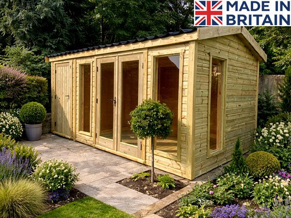 Wooden summer house shed with sloped roof, multiple windows, double doors, light-colored wood, set in a grassy garden with a wooden fence. Image shown may include non-standard options. A wooden summerhouse with shed with double doors and windows. Perfect for outdoor storage and hobbies.