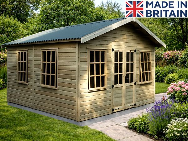 Wooden summer shed with grey roof, double doors, multiple windows, ideal for garden tools, on a manicured lawn with trees; Easy to assemble or FREE install. Image shown may include non-standard options. A wooden summerhouse with double doors and windows. Perfect for storing gardening tools and outdoor equipment.