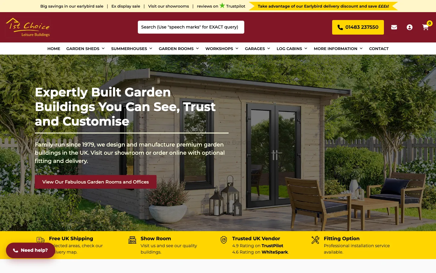 10 Best Garden Room Suppliers in London (Personally Vetted) 12 1st Choice Leisure Buildings homepage featuring the Sutton Green showroom and timber garden room range
