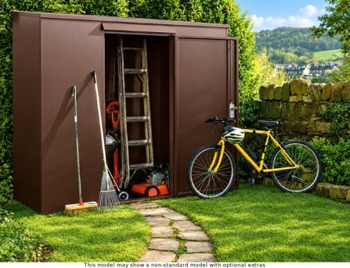 Brown tool shed with tools and bicycle outside. The shed is open with a ladder and other gardening equipment.