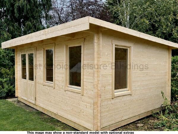 Banstead Pent Cabin 1 A light wooden garden log cabin with five windows. The shed has a flat roof and a door on the left side.