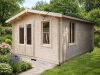 A wooden log cabin with double doors and windows. Optional installation available.