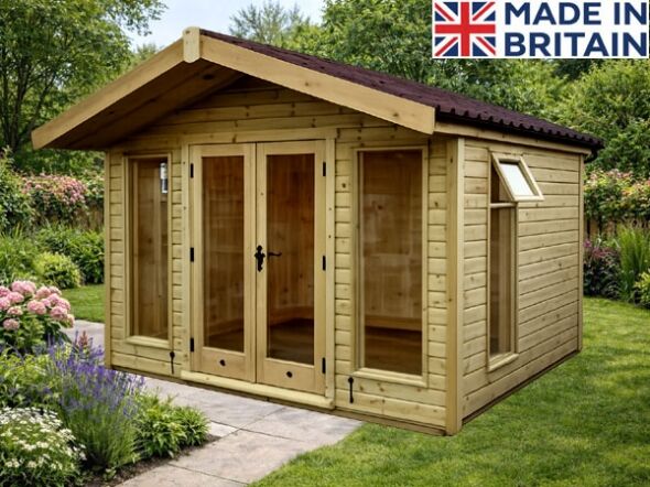 A timber summerhouse with double doors and windows. Perfect for storage or a summer house.