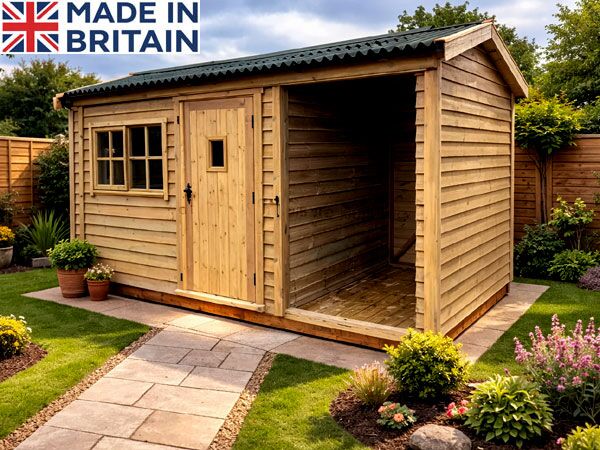 A bespoke shed with a single door and window. The shed has a green corrugated roof.
