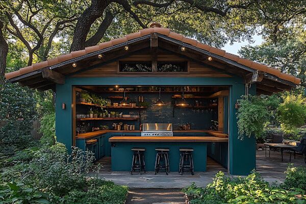 a green and brown outdoor bar in a large converted shed