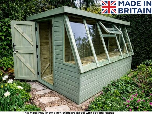Platinum Alton Shed 1 A green wooden greenhouse with open door in garden. Beautiful flowers and plants around it.