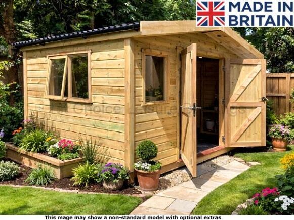 Fareham Reverse Apex 1 A small wooden shed with a garden around it. The shed has two windows and an open door.