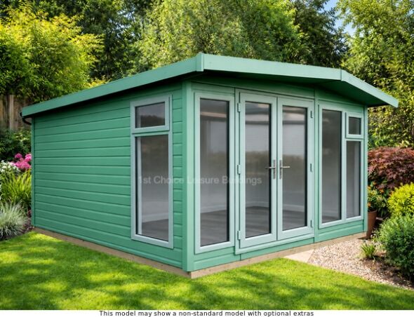 A green painted garden room with glass doors and windows, Free Assembly
