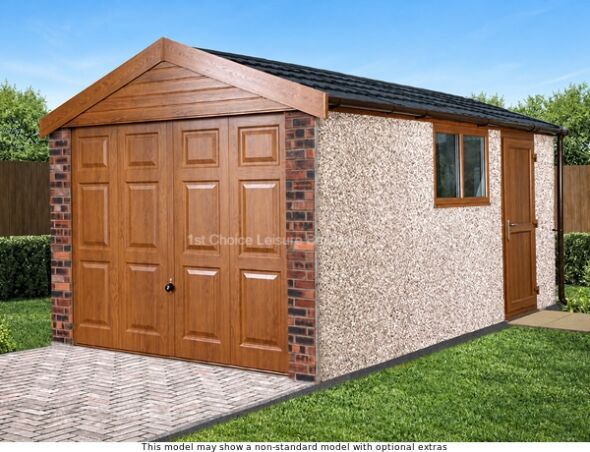 Lidget 20 apex concrete garage with free installation. Image shown includes non-standard options This image shows a Lidget apex 20 with a optional wooden double door and a single door. The shed has a black roof and a window on the side.