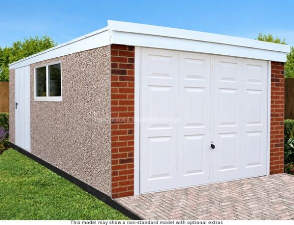 Lidget Deluxe pent concrete garage which includes free installation. Image shown may include non-standard options This image shows a brick effect garage with white doors and roof. The garage features a brick effect finish with red bricks on either side of the doors. A paved driveway leads to the garage, which is set against a well-manicured lawn and hedge.
