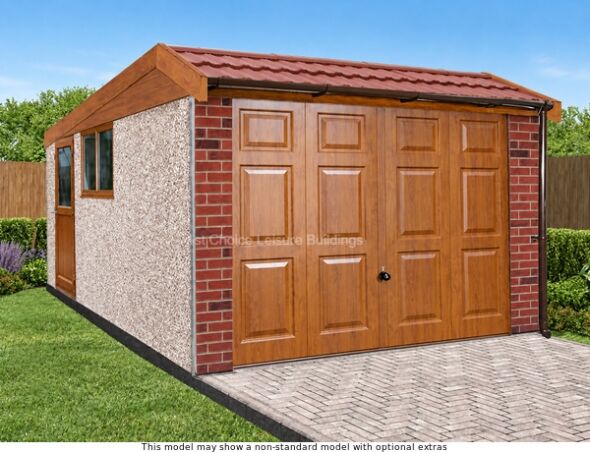 Lidget Deco Deluxe Mansard pent concrete garage which includes free assembly. Image shown may include non-standard options A Deco Deluxe Mansard concrete garage with white doors and a red roof. The garage has a small window.