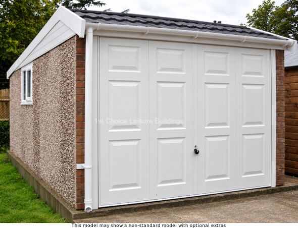 Lidget pent Mansard concrete garage which includes free assembly. Image shown may include non-standard options A mansard pent concrete garage with a white door and double doors. The shed has a small window.
