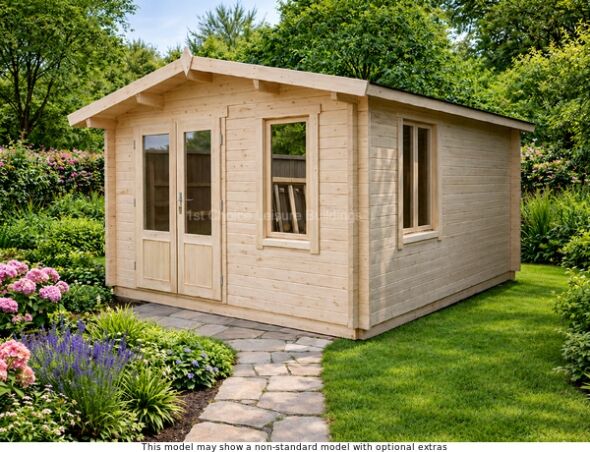 A wooden log cabin with double doors and windows. Optional installation available.